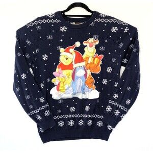Disney Winnie the Pooh and Friends Appliqué Size Large Navy Christmas Sweater